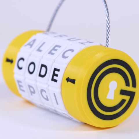 A custom-made padlock with company logo and branding printed on the side.