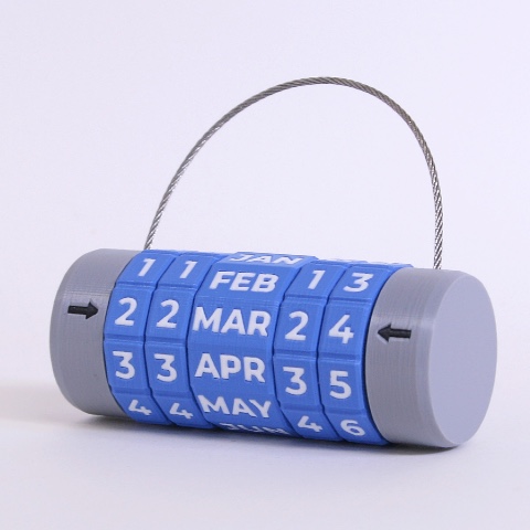 A custom-made padlock with blue dials has the date 22-MAR-24 set as the code.