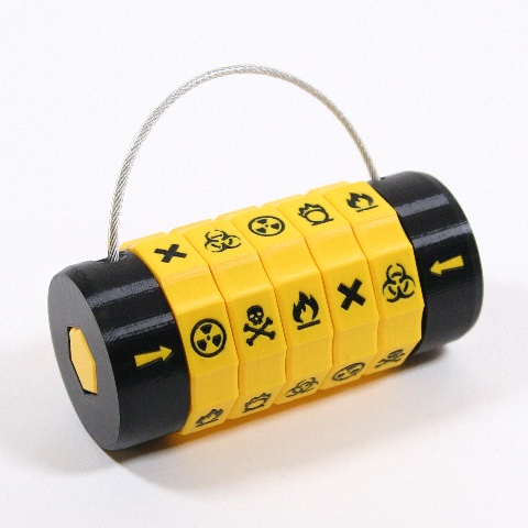A custom-made black and yellow padlock with laboratory warning sign symbols on the dials.