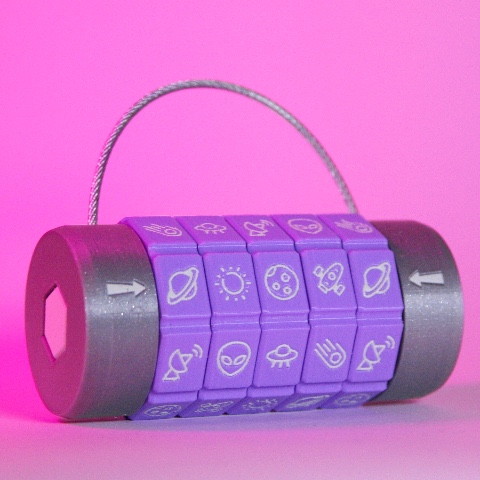 A custom-made silver and purple padlock with space-themed symbols on the dials.